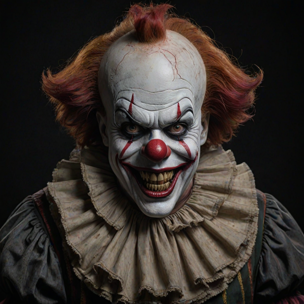 Create a hyper-realistic, dark, and eerie clown with a sinister smile, set against a black background. The clown should have exaggerated makeup with sharp, contrasting colors to enhance its menacing appearance. The overall atmosphere should be unsettling and intense, capturing a sense of horror and suspense