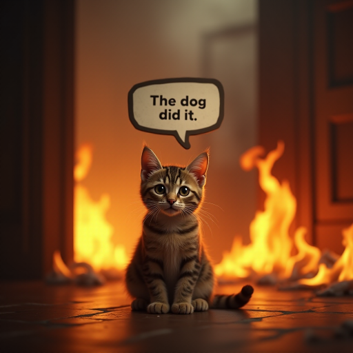 Photorealistic image of an innocent-looking cat sitting calmly in the middle of a burning room. Flames engulf the room, with fire licking up the walls and smoke filling the air. The cat is sitting on the floor, looking directly at the viewer with wide, innocent eyes. Above the cat, a speech bubble says "The dog did it". The contrast between the cat's calm demeanor and the chaos around it creates a humorous and surreal scene.