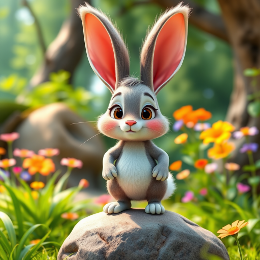 Create a highly detailed 3D illustration of a whimsical cartoon rabbit character with large ears and spiky fur, standing on a stone in a vibrant, enchanted forest setting, with lush greenery and colorful flowers in the background, captured with a Canon EOS R5, 50mm lens, f/1.8 aperture, ISO 100, in soft natural light for enhanced image quality.