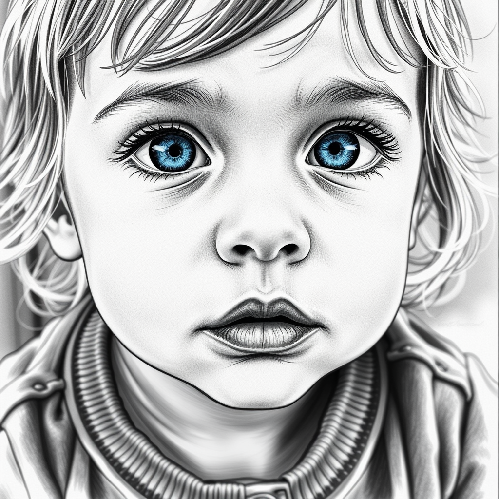 A hyperdetailed photorealistic black and white sketch of a beautiful toddler with deep blue eyes, with a macro focus