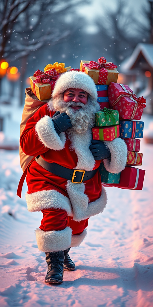 A joyful Santa Claus carrying a large sack of colorful presents, surrounded by a snowy landscape and soft falling snowflakes, captured with a Canon EOS R5, 50mm lens, f/1.8 aperture, ISO 100, at dawn with a warm color palette for enhanced vibrancy.