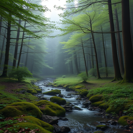 generate a serene forest landscape with mist, lush green trees, and a gentle stream, captured with a Canon EOS R5, 24mm lens, f/2.8 aperture, ISO 100, 1/250 sec exposure, using a macro photographic style for enhanced image quality and detail
