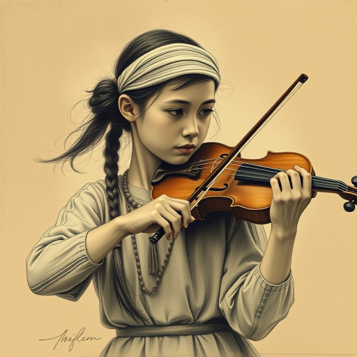 a young M'tis woman with a white headband playing a violin, in the style of a charcoal drawing, sepia grunge background