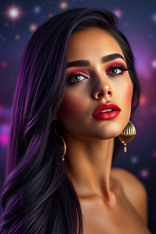 Create a digital portrait of a woman with long, dark purple hair and striking makeup, wearing statement earrings, shot in a soft-focus style with a Canon EOS R5, a 50mm lens at f/1.8, using soft lighting to enhance facial features and a cosmic background with vibrant colors.