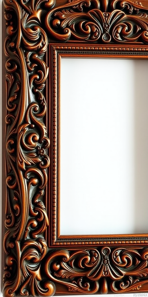 Create an ornate wooden picture frame with intricate carvings, high-resolution, captured with a DSLR camera at f/2.8 aperture, ISO 100, 50mm lens, in soft natural lighting, shallow depth of field, straight-on view.