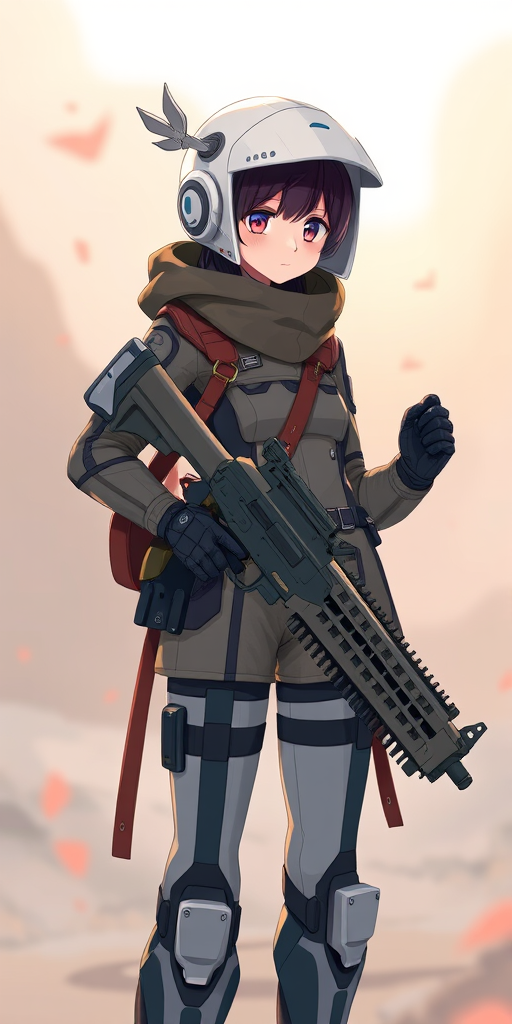 Create an illustration of a futuristic character with a stylized outfit and helmet, holding a decorative rifle, captured in high resolution with a 50mm lens, f/1.8 aperture, and a shallow depth of field to emphasize the character against a blurred background, in a digital art style.