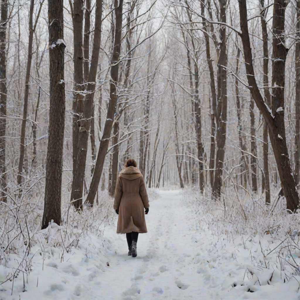 Winter forest blanketed in snow, bare branches heavy with ice, a woman in a fur-lined coat walks through the silent landscape, leaving fresh footprints behind.