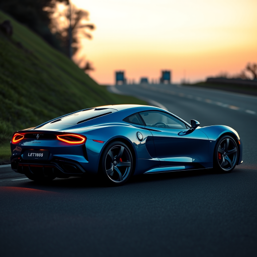 Generate an image of a luxury sports car parked on the side of a road during what appears to be dawn or dusk, given the soft light and shadows. The car should have a sleek design with aerodynamic features, a low-profile stance, and large, alloy wheels. It should display a contemporary color scheme, possibly a unique shade of blue that matches well with the ambient light in the setting. The vehicle's bodywork should gleam, reflecting the surrounding environment, and it should have distinctive lighting accents that enhance its sporty appearance. In the background, there should be a roadside with a grassy embankment on one side and possibly some trees or shrubbery along the edge of the pavement. The overall mood of the image should convey a sense of luxury, speed, and the tranquility of an early morning or late evening drive.