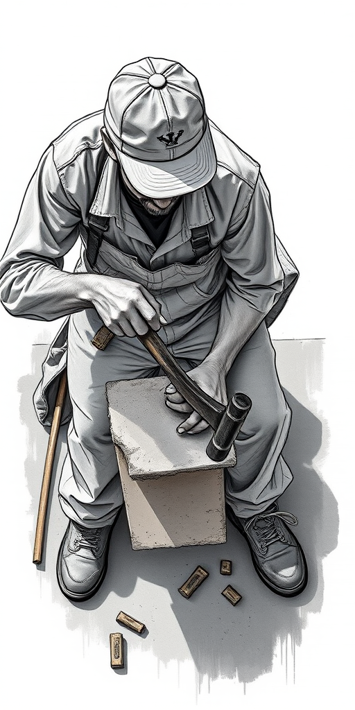 Generate a detailed sketch of a worker using a hammer on a block, captured with a Canon EOS R5, 50mm lens, f/2.8 aperture, ISO 100, in natural light, top-down view.
