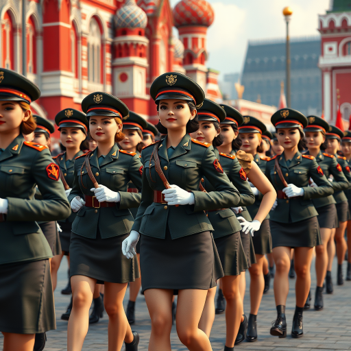 Cartoon 3D Military parade in Red Square in Moscow with military women wearing short skirts.