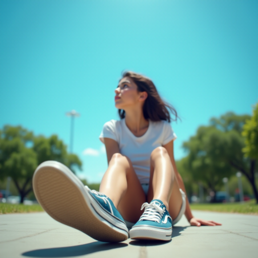 Generate an ultra-realistic, highly detailed, high-definition photograph. It's a photo of a girl sitting on the floor. She's looking at the horizon. The photo is taken from the bottom up, at ground level. The girl's sneakers are in the foreground, in the center of the scene. The girl is wearing light clothes, a t-shirt and short shorts. The sky is blue. Bright environment. The background is a blurred image of a park.