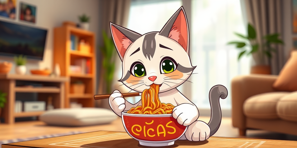 A cute cartoon cat character eating noodles in a cozy living room, soft natural lighting, shallow depth of field, 50mm lens, aperture f/1.8, ISO 100, DSLR camera, vibrant colors and warm atmosphere.