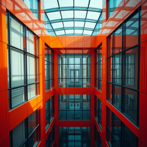regenerate the image of an orange and glass building interior with a focus on reflections and lines, use a Canon EOS R5 camera, 24mm lens, aperture f/8, ISO 100, shot from a high angle with a wide-angle view for enhanced depth and clarity.