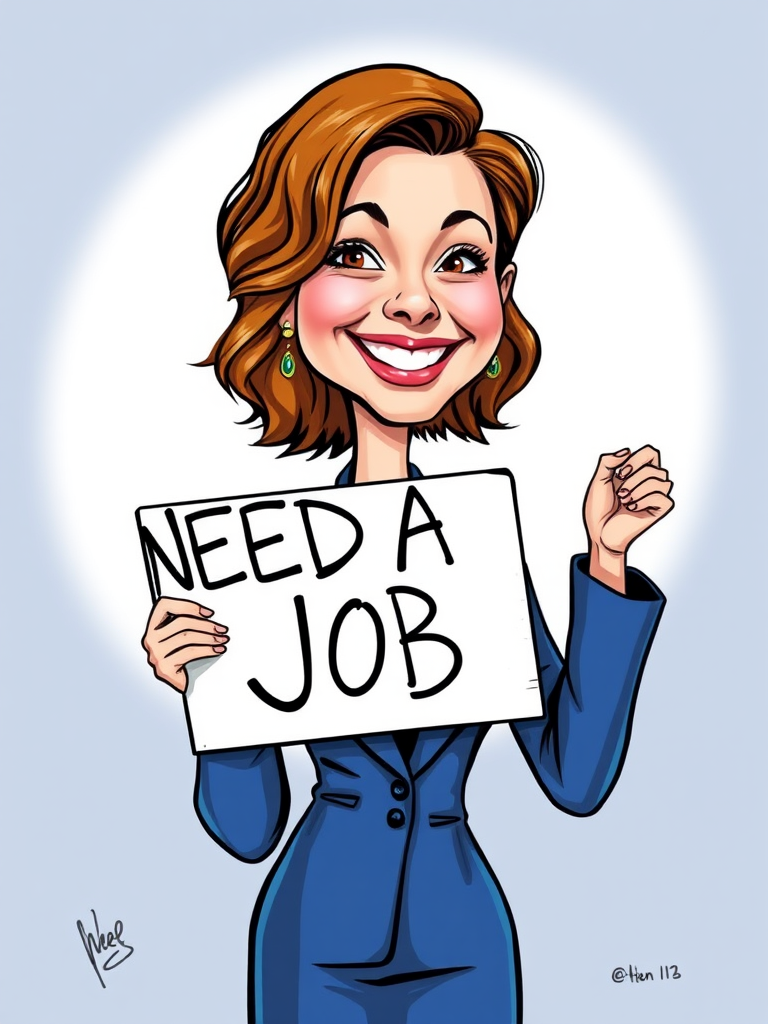 caricature of a smiling Emma Stone in a Cobalt dress or suit, holding up a sign that says "NEED A JOB", no watermark,