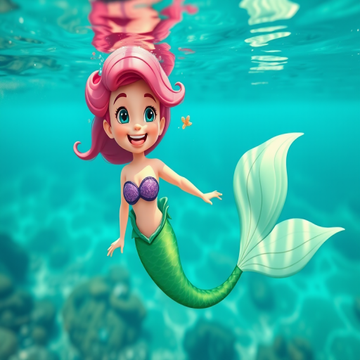 Create a vibrant, cartoon-style image of a cheerful mermaid with pink hair and a green tail swimming in clear blue water, using a Canon EOS R5 with a 50mm lens, aperture f/2.8, ISO 100, and a slightly overexposed look to enhance colors and details.