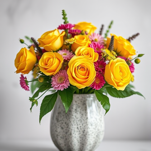 Generate an image of a vibrant bouquet featuring yellow roses and mixed flowers in a textured vase with splashes of watercolor effect, captured with a Canon EOS R5 at f/2.8, ISO 100, 50mm lens, with a soft focus and natural light.