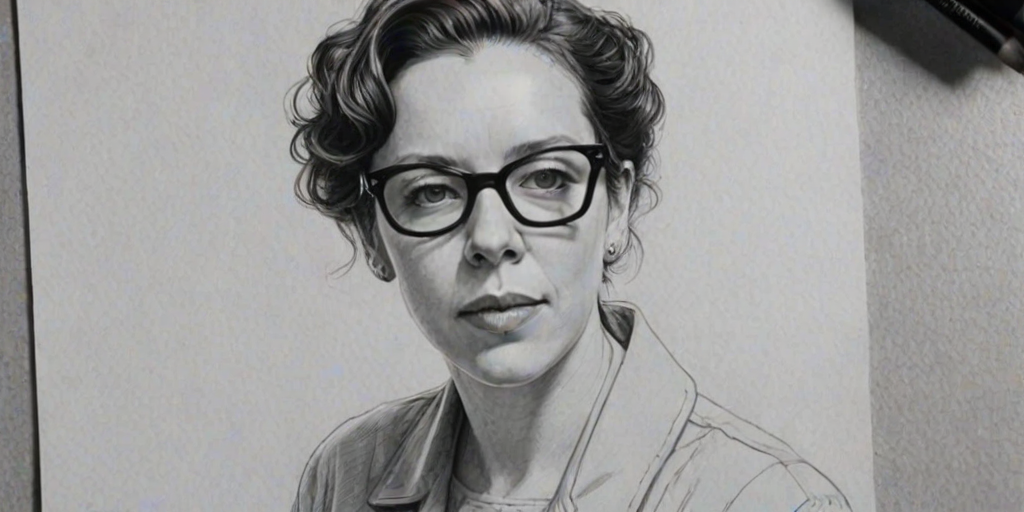 Captivating Olivia Colman, pencil sketch, portrait of Sublime woman 1921s in glasses, hair style beatnik, outline, clear lines, fine lines, 8k
