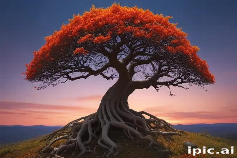 A Majestic Tree with Vibrant Orange Leaves Against a Twilight Sky.