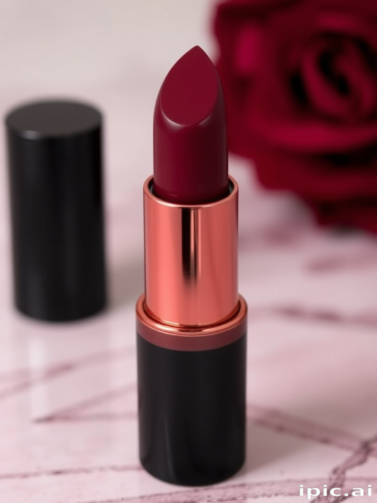 Matte burgundy "Velvet Noir" lipstick with a long-lasting formula, offering intense pigmentation and a smooth application, ideal for sophisticated evening events