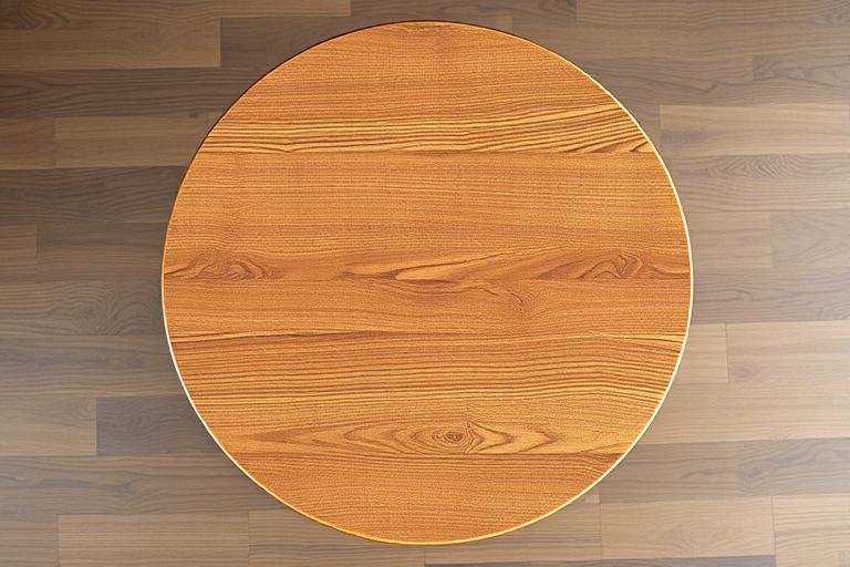 Create a high-resolution image of a round wooden table with a textured surface and sturdy legs, captured with a DSLR camera at f/2.8 aperture, ISO 100, 50mm lens, with a top-down perspective in natural light for enhanced detail and clarity.