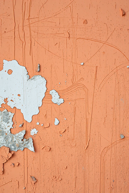 Create a high-resolution image of a textured wall with peeling and weathered paint in shades of orange and peach, captured with a DSLR camera at f/8, ISO 100, 1/125s, using a macro lens from a frontal view with soft natural lighting.