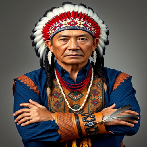 Create a dignified portrait of a Native American man dressed in traditional attire. He wears a beautifully crafted headdress adorned with white feathers and red beads, along with a beaded headband featuring intricate patterns. His clothing includes a deep blue, patterned shirt and a traditional chest piece with detailed beadwork. His arms are crossed, displaying leather armbands decorated with feathers. The background is simple and neutral, emphasizing his proud and stoic expression. The overall image captures the rich cultural heritage and strength of his persona.