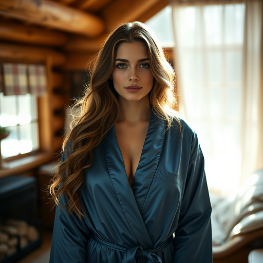 portrait of a woman with long wavy hair in a silky blue robe in a cozy cabin setting, soft natural light, shot with a 50mm lens at f/1.8, ISO 100, 1/200s, Nikon D850, warm tones, shallow depth of field