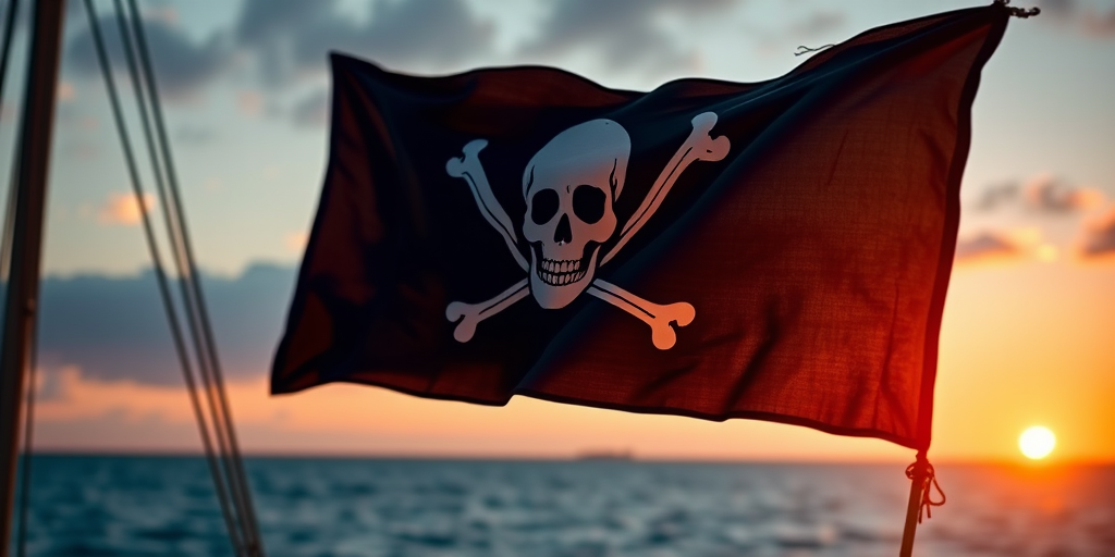 Create an image of a pirate flag with a skull and crossbones, shot with a Canon EOS 5D Mark IV, 50mm lens, f/2.8 aperture, ISO 100, at sunset for dramatic lighting, focusing on the flag details with a shallow depth of field.