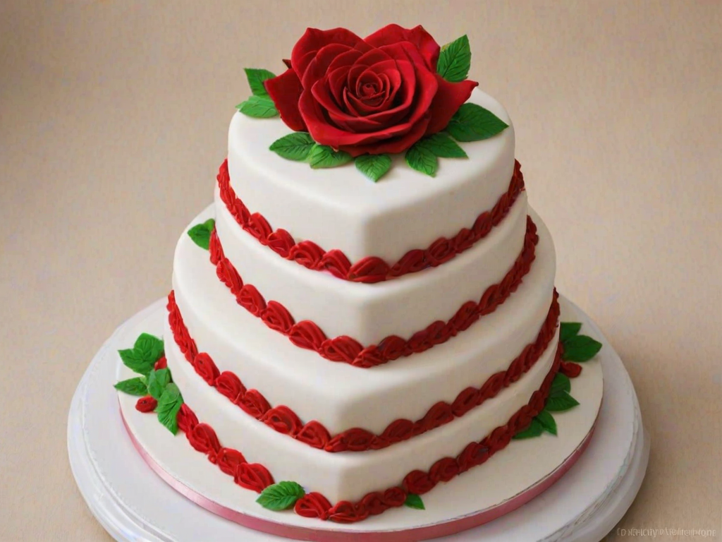 Create an image of a three-tier heart-shaped cake decorated with white icing. The cake should have intricate piping details and be adorned with red rose decorations and green leaves on top. The background should be simple and neutral to highlight the cake.
