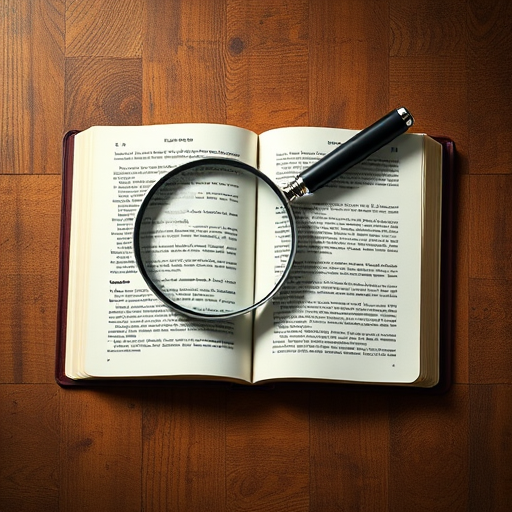 Create a high-resolution vector illustration of a magnifying glass over an open book on a wooden table with soft, even lighting, using a 50mm lens at f/2.8, ISO 200, shot from a top-down angle with a DSLR camera for enhanced clarity and detail.
