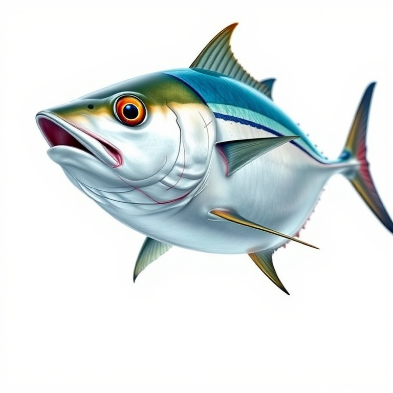 Create a detailed illustration of a tuna fish swimming, using a Canon EOS 5D Mark IV camera, 50mm lens, f/8 aperture, ISO 100, high dynamic range, with a clean white background to enhance colors and sharpness.