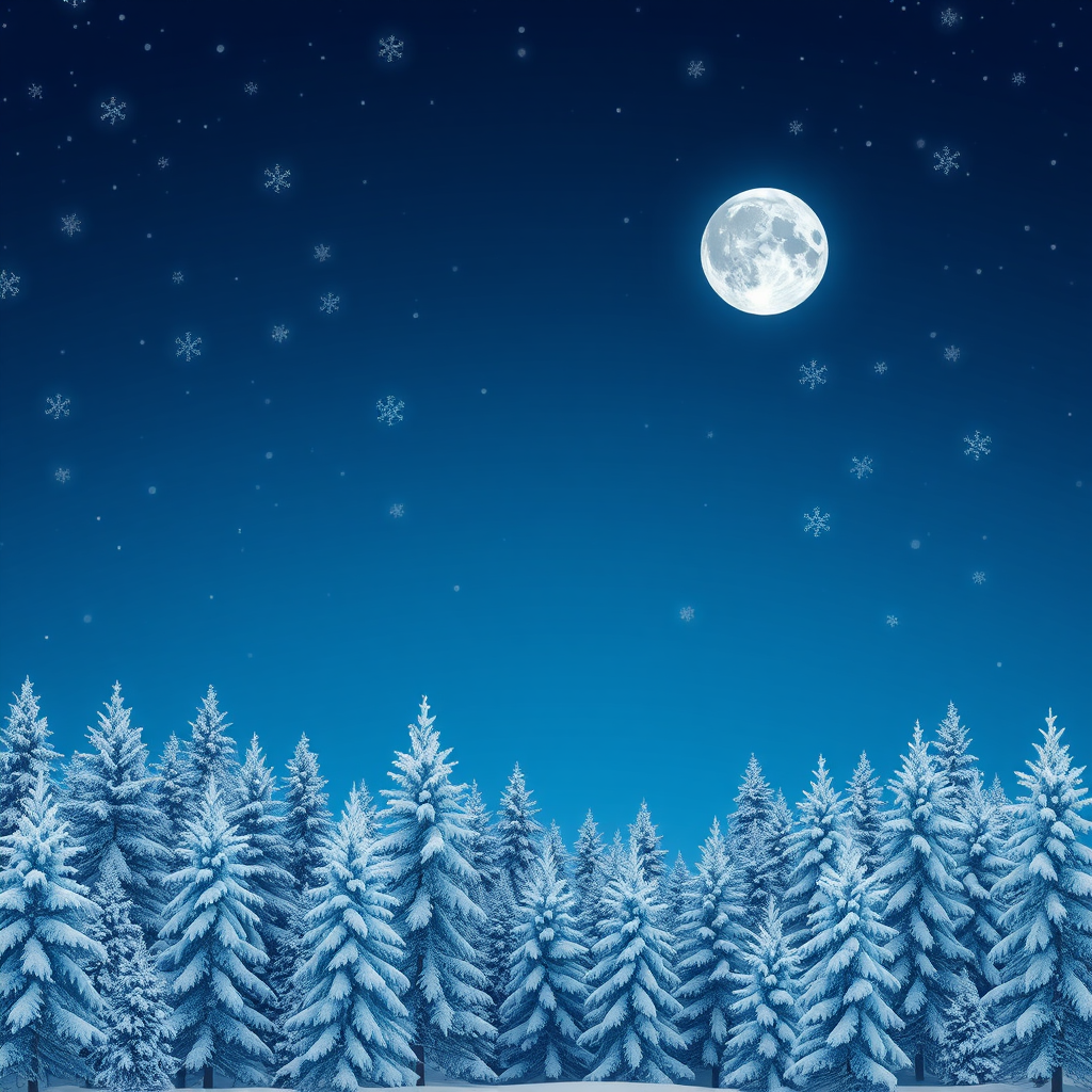 Generate a winter scene featuring a deep blue night sky with a large moon. Include various snowflakes drifting through the air and a forest of snow-covered pine trees in the foreground. The background should have a gradient transitioning from blue to white, creating a serene and magical atmosphere.