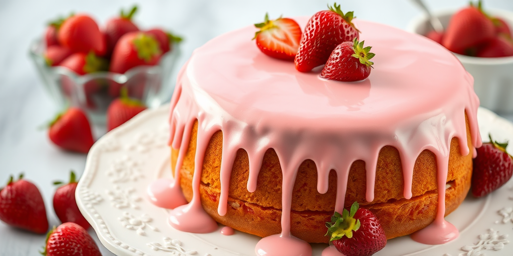 A delicious round cake with pink icing dripping down the sides topped with fresh strawberries on a decorative white plate accompanied by a bowl of strawberries in the background.