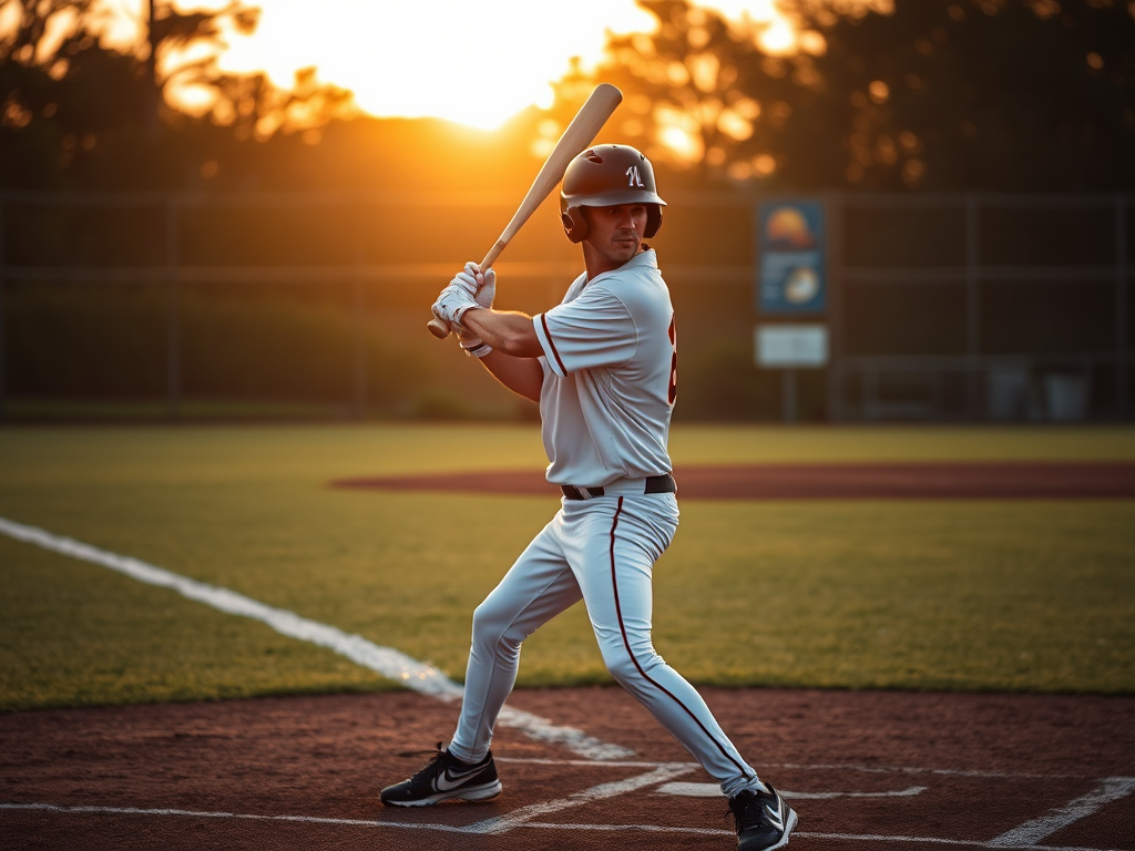 Generate an image of a baseball player in a batting stance, captured with a DSLR camera at f/stop 2.8, ISO 100, 50mm lens, with a shallow depth of field and soft background blur, shot from a low angle to emphasize the player's form, in a natural outdoor setting during golden hour for warm lighting.