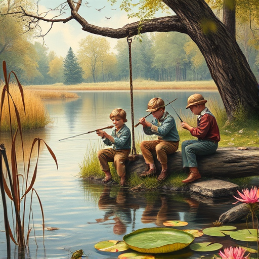 Imagine a small group of old fashioned young boys out fishing by the creek, a swing hanging from a tree branch, reeds and grasses by the water's edge, a frog sitting on a lily pad, dragonflies hovering over som water plans, a very iconic old fashioned scene reminiscent of a Norman Rockwell painting style