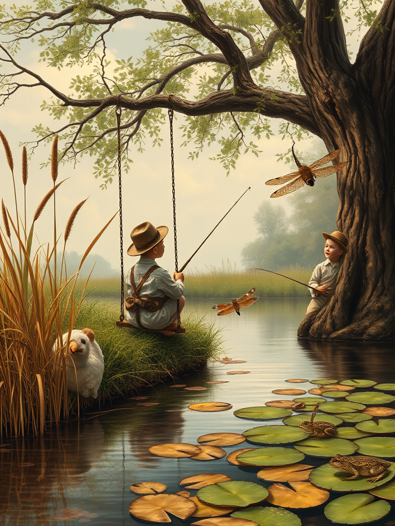 Imagine a small group of old fashioned young boys out fishing by the creek, a swing hanging from a tree branch, reeds and grasses by the water's edge, a frog sitting on a lily pad, dragonflies hovering over som water plans, a very iconic old fashioned scene reminiscent of a Norman Rockwell painting style