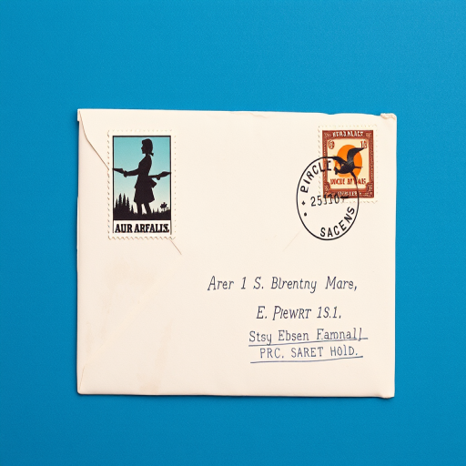 Create a high-resolution image of a vintage air mail envelope with a blue background, featuring a prominent stamp with a silhouette, an embossed priority mark, and a neat franking impression, captured with a DSLR camera using a 50mm lens at f/2.8, ISO 100, natural light, in a flat lay style.