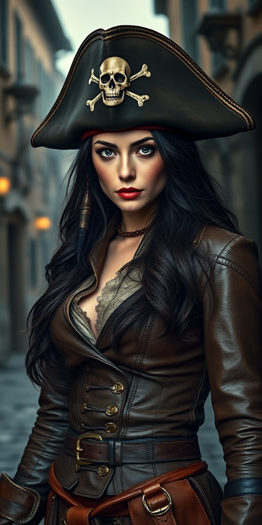 Create a portrait of a fierce female pirate. She wears a leather tricorn hat adorned with a skull and crossbones emblem, and her long, dark hair flows around her face. Her outfit consists of a richly detailed leather jacket, a corset, and multiple layers of belts and accessories, giving her a formidable and stylish appearance. She stands confidently in a dimly lit, historic port town, with a backdrop of weathered buildings and cobblestone streets, capturing the adventurous spirit of a pirate.
