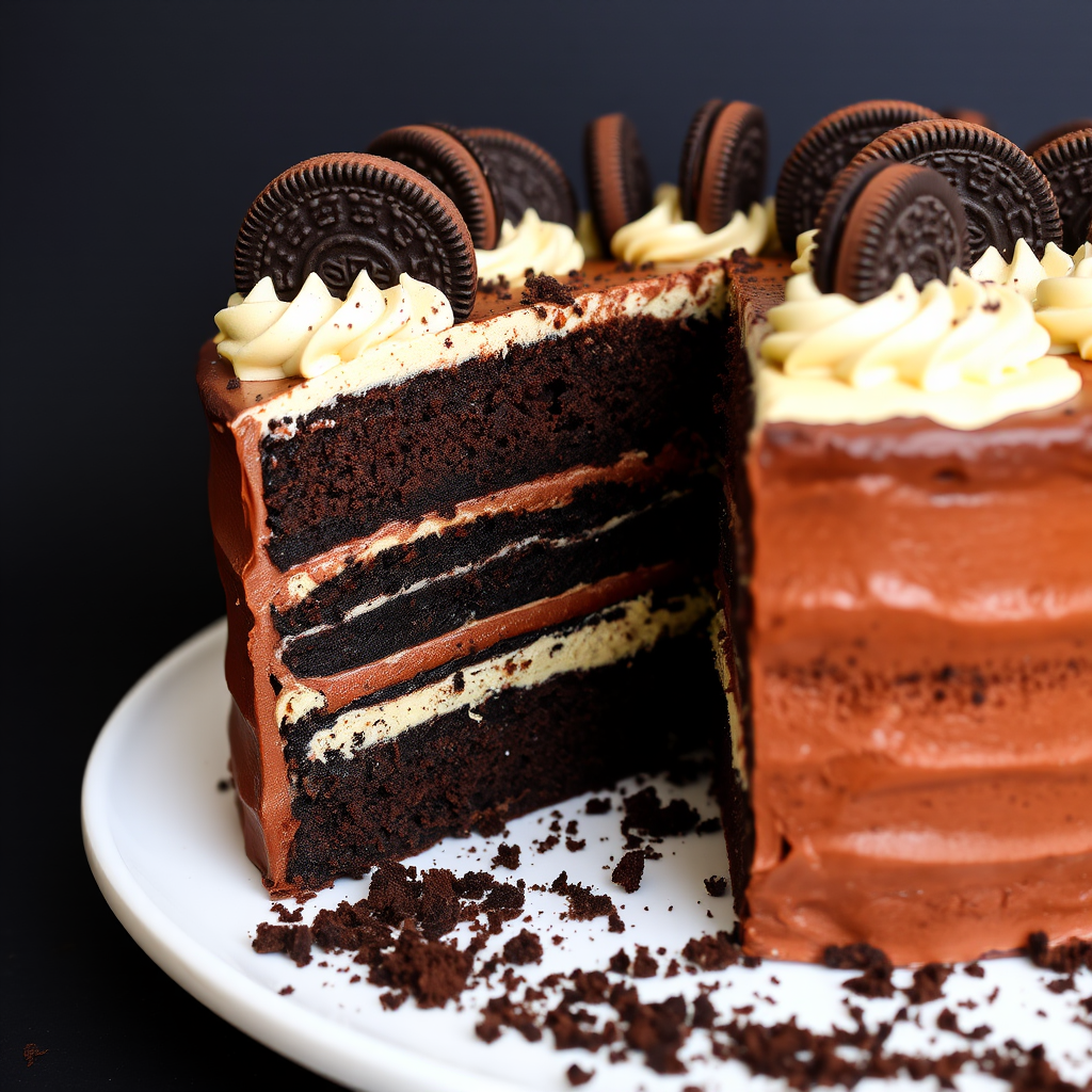 A delicious chocolate cake with layers of creamy frosting and Oreo cookies on top, featuring a slice cut out to reveal the chocolate layers inside, presented on a white plate with cookie crumbs around it, against a dark background.