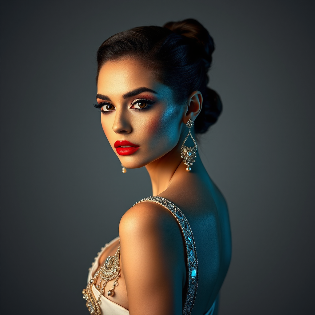 Studio portrait, female model, elegant couture dress, bold makeup, dramatic lighting, Shoot over the shoulder using a telephoto lens to focus on small details like jewelry, makeup, or fabric textures