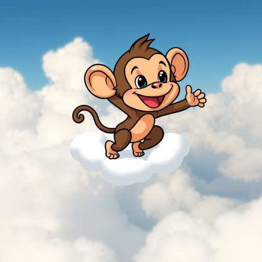 Create an image of a cartoon monkey flying on a cloud, captured in high resolution, with a Canon EOS R5, ISO 100, f/8 aperture, 50mm lens, and natural daylight to enhance image quality.