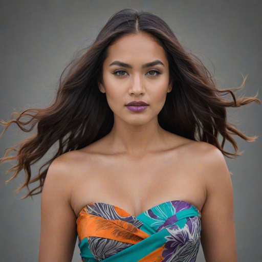 Photographic image of a beautiful young Maori woman, green eyes, lips with cyan lipstick, long hair fluttering in the wind and wearing a silk strapless dress with a soft purple and orange print. monochrome image with only color highlights in the iris of the eyes, lipstick and dress. Gray background.