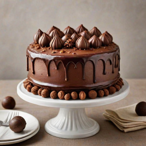 Create an image of a two-tiered chocolate cake. The bottom layer should have a smooth chocolate frosting with a textured design, and the top layer should also be covered in chocolate frosting. Decorate the cake with chocolate truffles, meringue kisses, and small pecans on top. The background should be simple and elegant to highlight the cake.