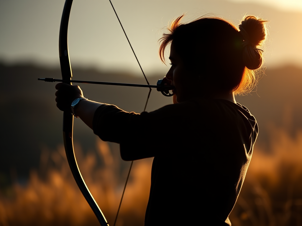 Create an image of a silhouette of a person drawing a bow, using a 50mm lens with an aperture of f/2.8, in natural light, with a shallow depth of field to enhance background blur, captured with a DSLR camera in landscape orientation.