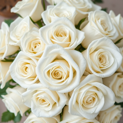 Regenerate a high-resolution image of white roses arranged closely together, using a DSLR camera, f/2.8 aperture, ISO 100, 50mm lens, soft focus background, natural lighting, overhead view.