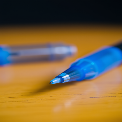 Close-up shot of a transparent blue pen lying on a wooden surface with its cap beside it, f/8, ISO 100, 50mm lens, natural light, DSLR camera, shallow depth of field.
