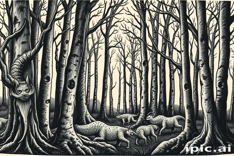 Woodcut-style tattoo titled "Mythic Grove" featuring a detailed forest scene with mythical creatures hidden among the trees, using bold black lines and crosshatching to create texture and depth