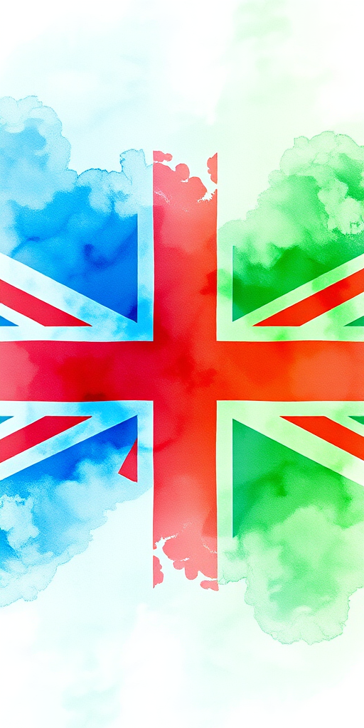 Create a vibrant watercolor depiction of the Union Jack flag with a soft gradient background in shades of blue and green, using a DSLR camera with a 50mm lens, aperture set to f/1.8, ISO 100, and a slight bokeh effect for added depth.