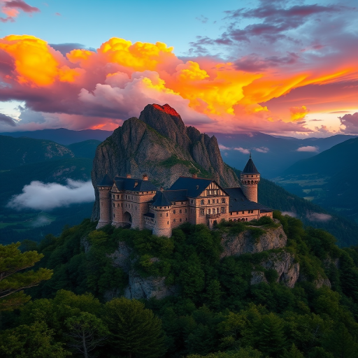A majestic mountain castle at sunset with dramatic clouds illuminated by orange and purple hues in the sky, surrounded by lush greenery and misty valleys, captured with a Canon EOS R5, 24mm lens, f/8 aperture, ISO 100, using a golden hour setting for enhanced color depth and sharpness.