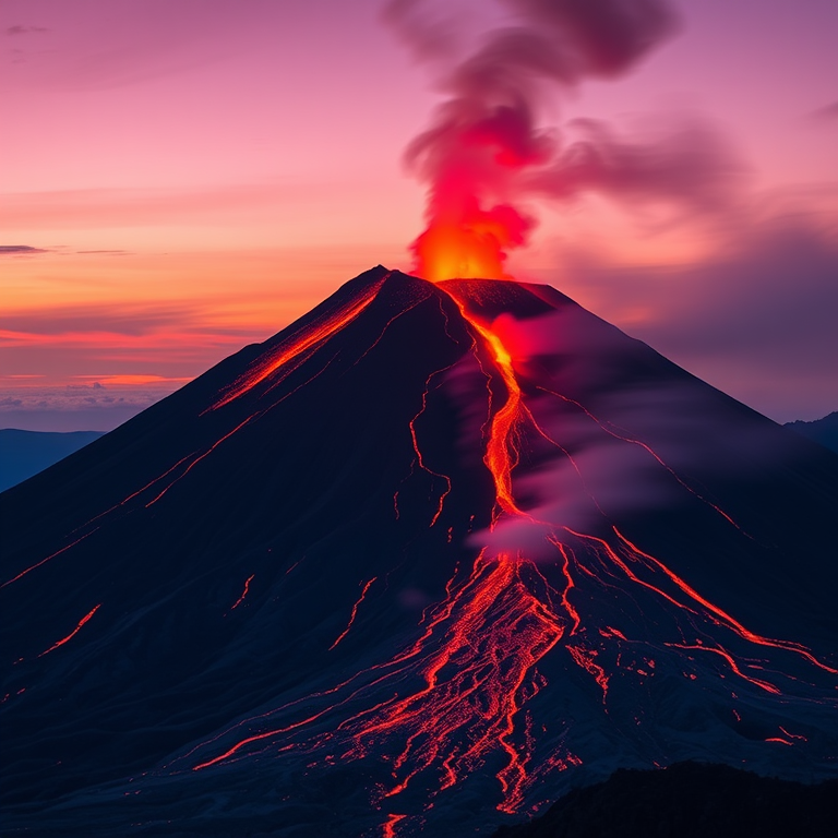 Generate a high-resolution image of an erupting volcano with a dramatic red and orange lava flow against a twilight sky, captured with a Canon EOS 5D Mark IV, 24mm focal length, f/8 aperture, ISO 100, using a long exposure technique to enhance the lava's glow and smoke details.